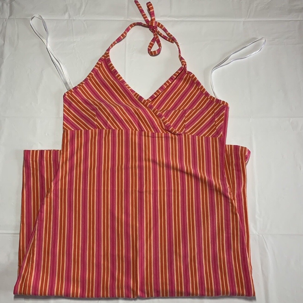 Vintage 90s ESPRIT Orange Pink Striped V-Neck Spaghetti Halter Mini Dress Small